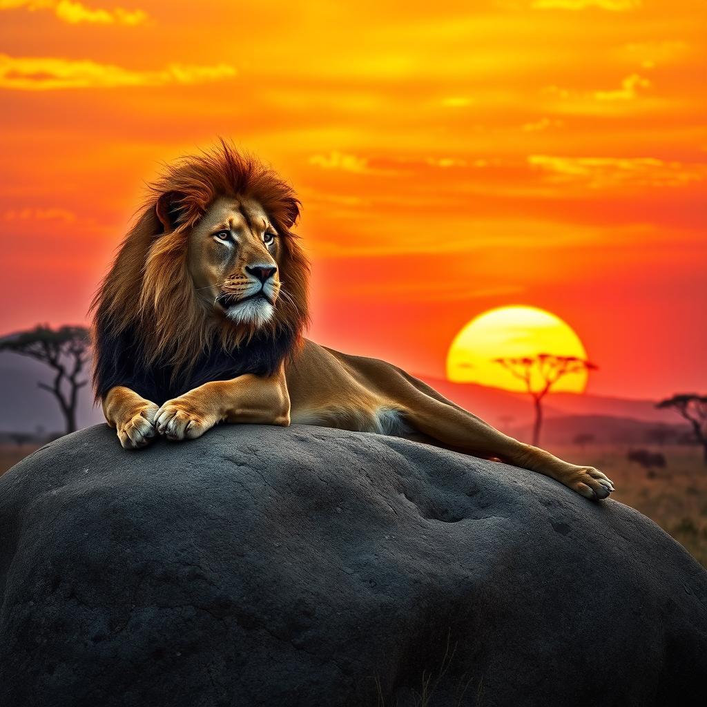 A majestic lion lounging on a large rock formation in the African savanna as the sun sets, casting a warm golden glow