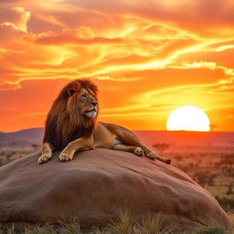 A majestic lion lounging on a large rock formation in the African savanna as the sun sets, casting a warm golden glow