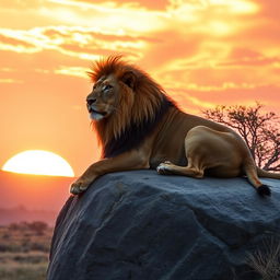 A majestic lion lounging on a large rock formation in the African savanna as the sun sets, casting a warm golden glow