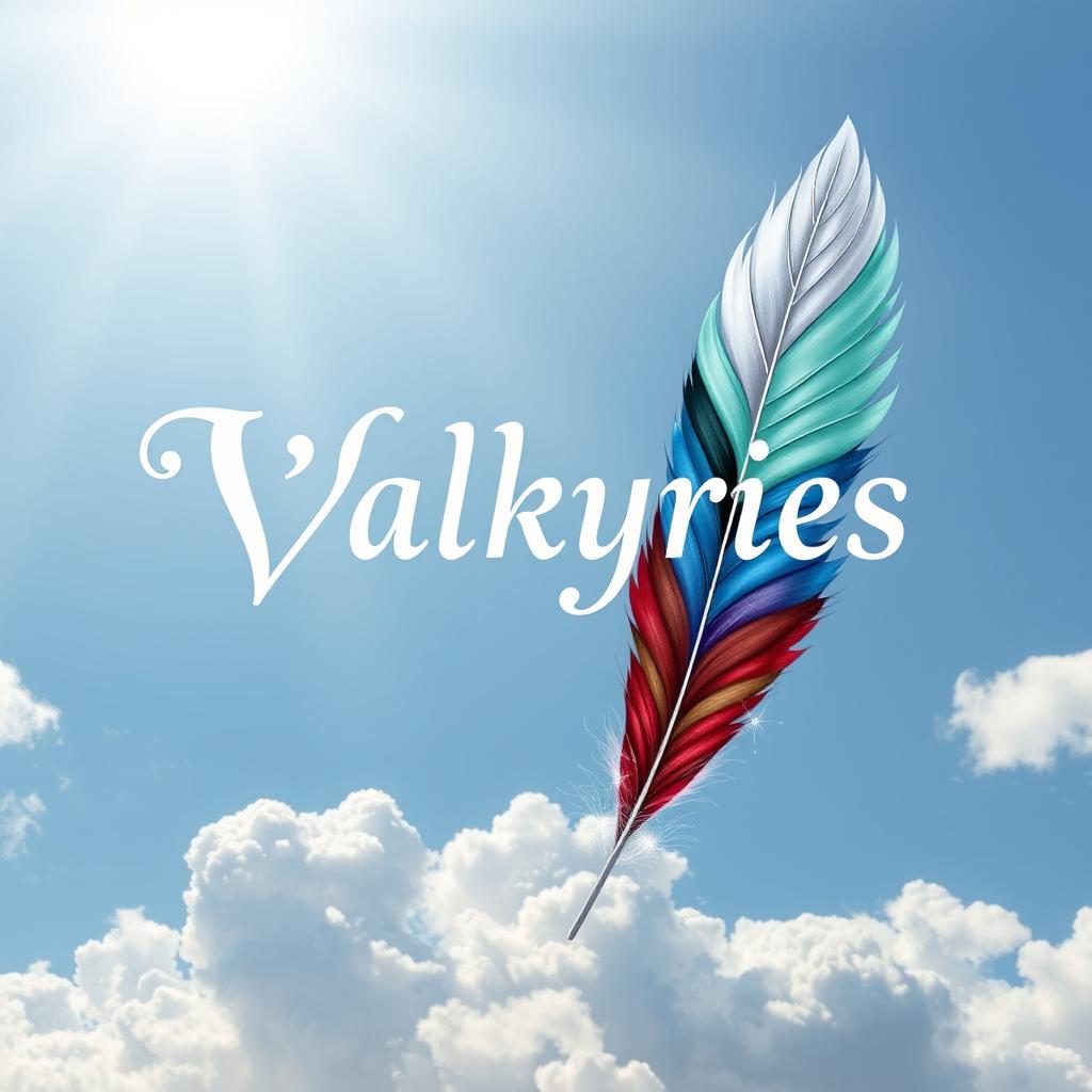 A stunning illustration featuring the title 'Valkyries' rendered in an elegant font against a backdrop of a bright sky filled with soft, fluffy clouds