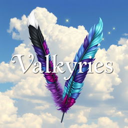 A stunning illustration featuring the title 'Valkyries' rendered in an elegant font against a backdrop of a bright sky filled with soft, fluffy clouds