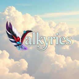 A stunning illustration featuring the title 'Valkyries' rendered in an elegant font against a backdrop of a bright sky filled with soft, fluffy clouds