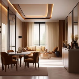 Design a 7.50m x 4.00m residential living room reception area, furnished in a modern style with warm and cozy furniture, inclusive of a stylish dining table.