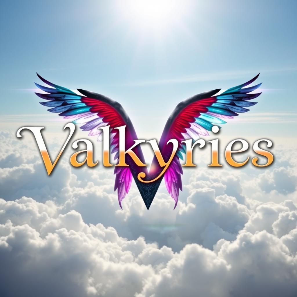 An enchanting image featuring the title 'Valkyries' in an elegant, stylized font, gracefully floating over a bright sky with soft, luminous clouds