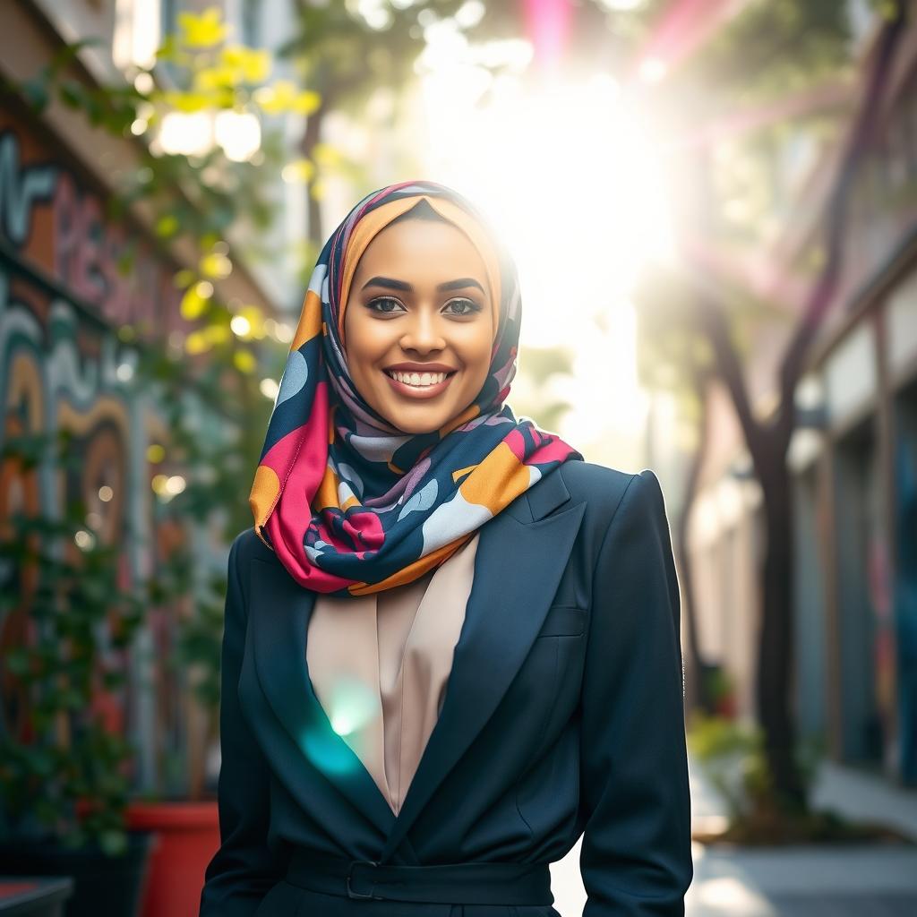 A stylish young woman wearing a colorful hijab, gracefully wrapped around her head, with a radiant smile