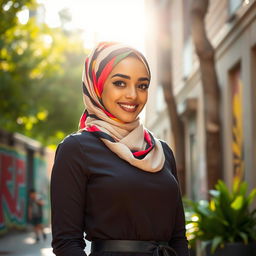 A stylish young woman wearing a colorful hijab, gracefully wrapped around her head, with a radiant smile