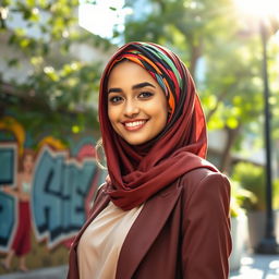 A stylish young woman wearing a colorful hijab, gracefully wrapped around her head, with a radiant smile