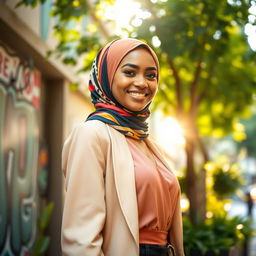 A stylish young woman wearing a colorful hijab, gracefully wrapped around her head, with a radiant smile