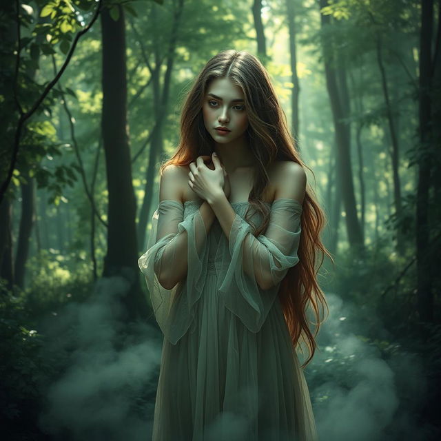 A melancholic forest scene featuring a sorrowful nymph