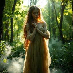 A melancholic forest scene featuring a sorrowful nymph