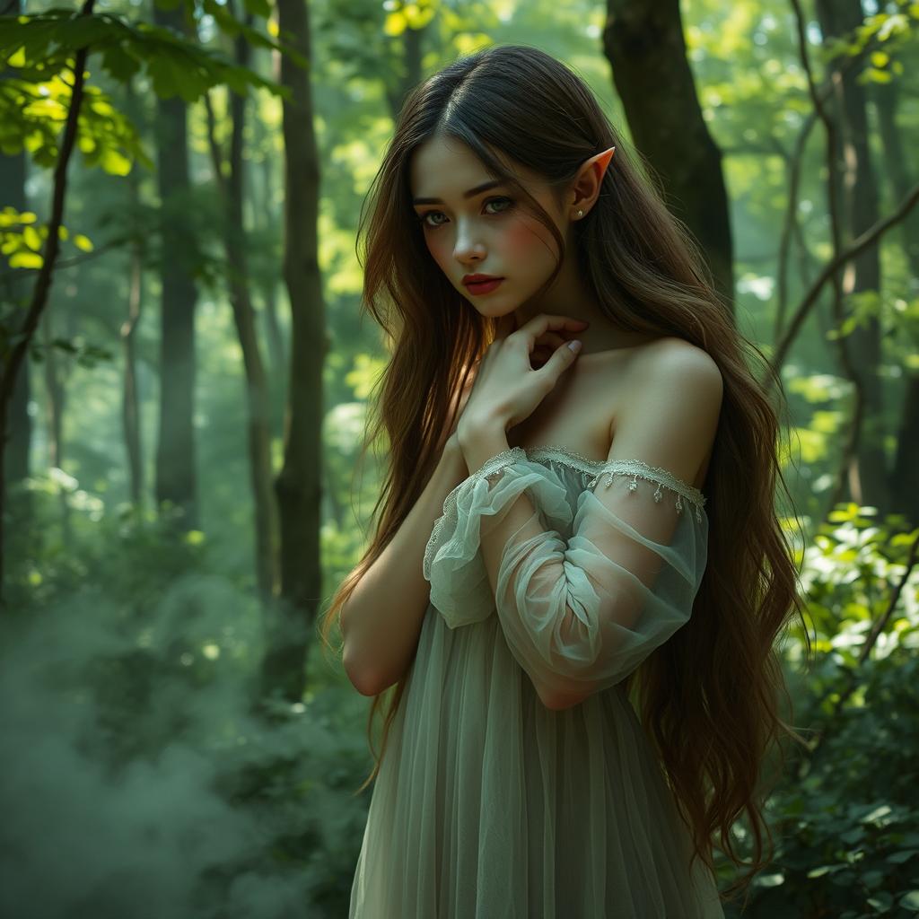 A melancholic forest scene featuring a sorrowful nymph