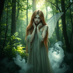 A melancholic forest scene featuring a sorrowful nymph