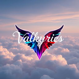 A mesmerizing artwork showcasing the title 'Valkyries' in a graceful, stylized font, elegantly hovering over a serene sky filled with soft, glowing clouds