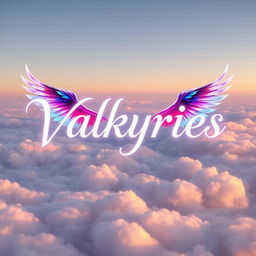 A mesmerizing artwork showcasing the title 'Valkyries' in a graceful, stylized font, elegantly hovering over a serene sky filled with soft, glowing clouds