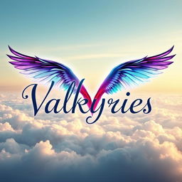 A mesmerizing artwork showcasing the title 'Valkyries' in a graceful, stylized font, elegantly hovering over a serene sky filled with soft, glowing clouds