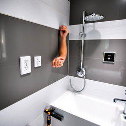 A professional electrician skillfully installing electrical outlets, switches, and shower fixtures in a modern bathroom setting