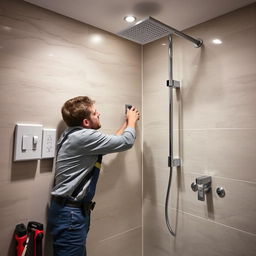 A professional electrician skillfully installing electrical outlets, switches, and shower fixtures in a modern bathroom setting