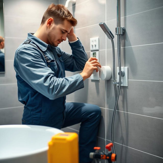A professional electrician skillfully installing electrical outlets, switches, and shower fixtures in a modern bathroom setting