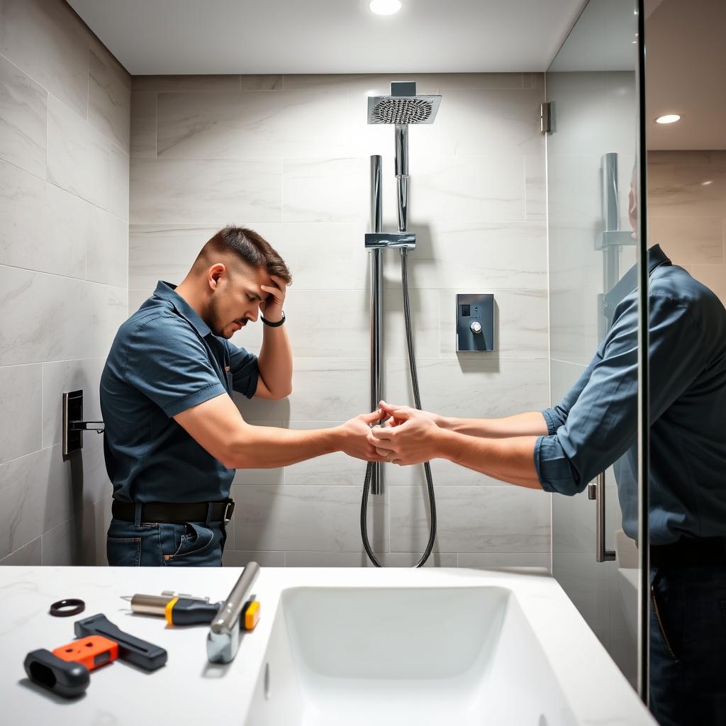 A professional electrician skillfully installing electrical outlets, switches, and shower fixtures in a modern bathroom setting