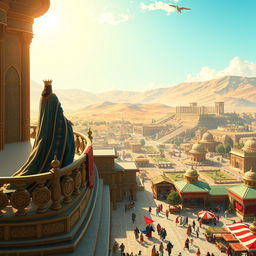 A fantastical depiction of Iran as a modern kingdom, where a majestic king rules from a lavish palace adorned with intricate Persian architecture