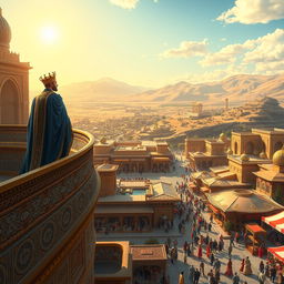 A fantastical depiction of Iran as a modern kingdom, where a majestic king rules from a lavish palace adorned with intricate Persian architecture