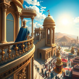 A fantastical depiction of Iran as a modern kingdom, where a majestic king rules from a lavish palace adorned with intricate Persian architecture