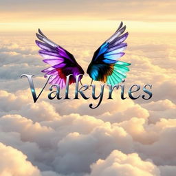A captivating artwork displaying the title 'Valkyries' in an elegant, stylized font, delicately hovering above a serene sky filled with soft, glowing clouds