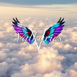 A captivating artwork displaying the title 'Valkyries' in an elegant, stylized font, delicately hovering above a serene sky filled with soft, glowing clouds