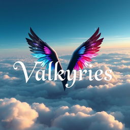 A captivating artwork displaying the title 'Valkyries' in an elegant, stylized font, delicately hovering above a serene sky filled with soft, glowing clouds