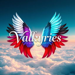 A captivating artwork displaying the title 'Valkyries' in an elegant, stylized font, delicately hovering above a serene sky filled with soft, glowing clouds