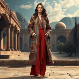 A stylish and elegant women's outfit consisting of a long coat (mantou) and trousers, inspired by the ancient Pazyryk carpet from the Achaemenid era