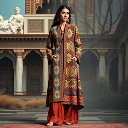 A stylish and elegant women's outfit consisting of a long coat (mantou) and trousers, inspired by the ancient Pazyryk carpet from the Achaemenid era