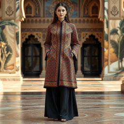 A stylish and elegant women's outfit consisting of a long coat (mantou) and trousers, inspired by the ancient Pazyryk carpet from the Achaemenid era