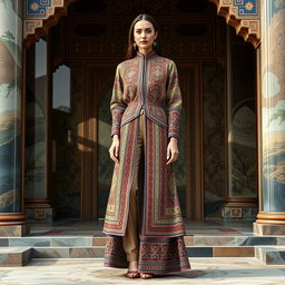 A stylish and elegant women's outfit consisting of a long coat (mantou) and trousers, inspired by the ancient Pazyryk carpet from the Achaemenid era