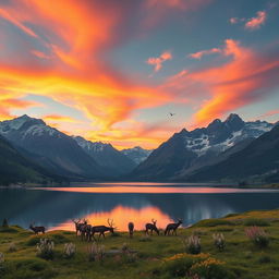 A majestic mountain landscape at sunrise, with vibrant orange and pink clouds lighting up the sky above rugged peaks