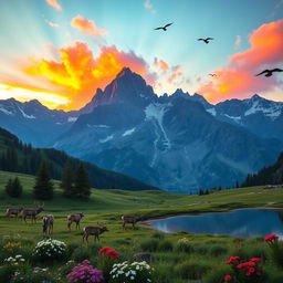A majestic mountain landscape at sunrise, with vibrant orange and pink clouds lighting up the sky above rugged peaks