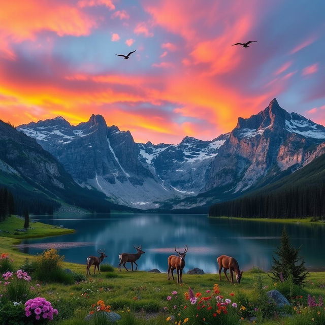 A majestic mountain landscape at sunrise, with vibrant orange and pink clouds lighting up the sky above rugged peaks