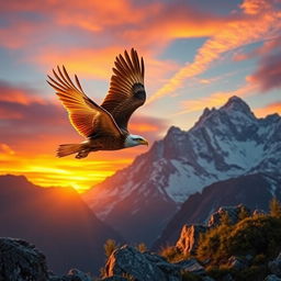 A majestic golden eagle soaring over a dramatic mountain landscape at sunset, golden light illuminating the feathers of the eagle, showcasing its strong wings and sharp beak