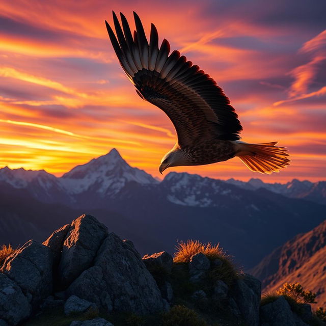 A majestic golden eagle soaring over a dramatic mountain landscape at sunset, golden light illuminating the feathers of the eagle, showcasing its strong wings and sharp beak