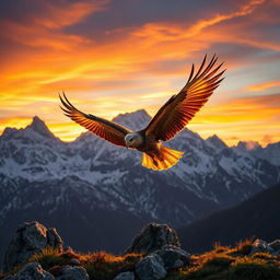 A majestic golden eagle soaring over a dramatic mountain landscape at sunset, golden light illuminating the feathers of the eagle, showcasing its strong wings and sharp beak