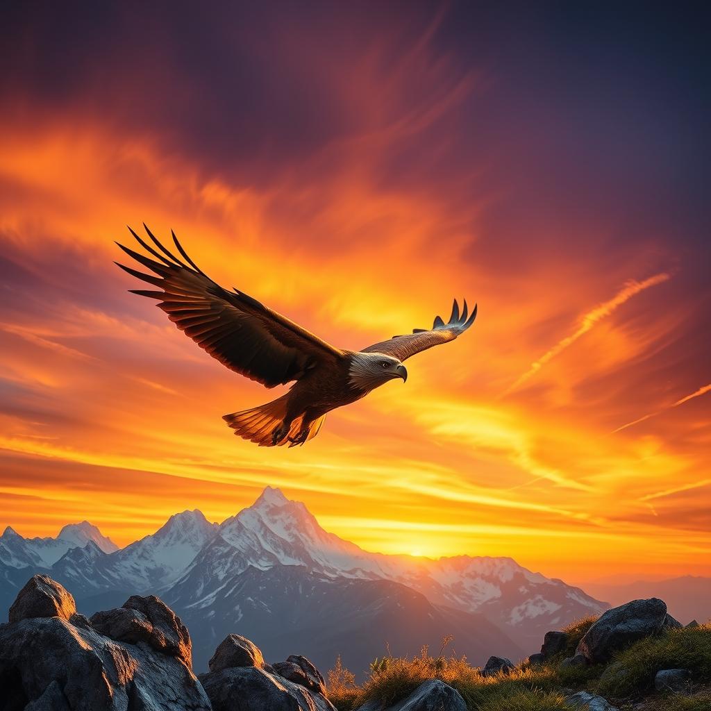 A majestic golden eagle soaring over a dramatic mountain landscape at sunset, golden light illuminating the feathers of the eagle, showcasing its strong wings and sharp beak