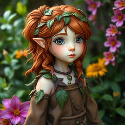 A female lightfoot halfling druid with auburn hair and light skin