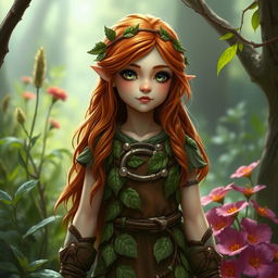 A female lightfoot halfling druid with auburn hair and light skin