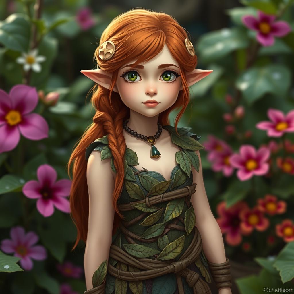 A female lightfoot halfling druid with auburn hair and light skin