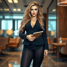 A full-length, head-to-toe photograph of a sexy and curvy young woman with very thick, long, messy dirty blond hair
