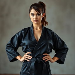 A full body portrait of a beautiful martial arts expert and dominatrix with short brunette hair styled in a ponytail