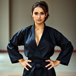 A full body portrait of a beautiful martial arts expert and dominatrix with short brunette hair styled in a ponytail