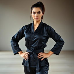 A full body portrait of a beautiful martial arts expert and dominatrix with short brunette hair styled in a ponytail