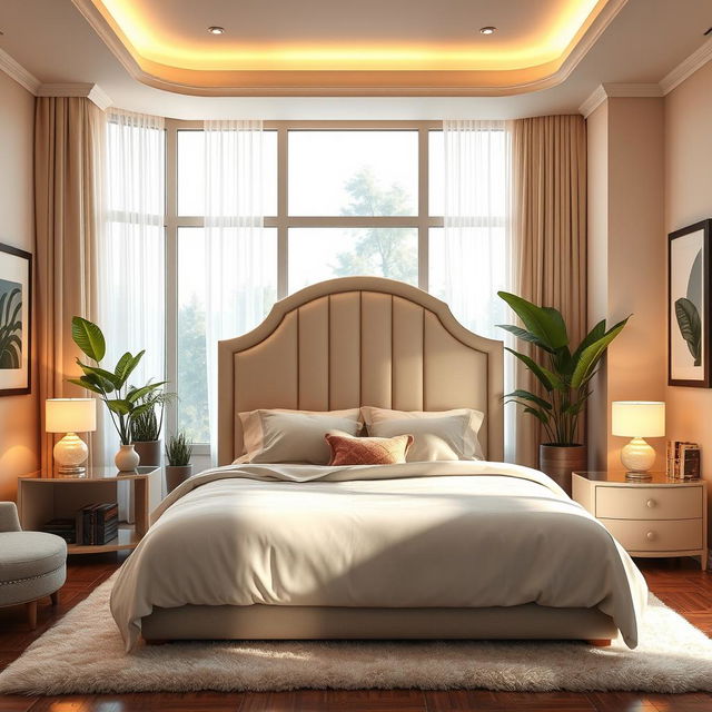 A beautifully designed bedroom featuring a luxurious king-sized bed with an elegant headboard, surrounded by soft, ambient lighting