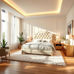 A beautifully designed bedroom featuring a luxurious king-sized bed with an elegant headboard, surrounded by soft, ambient lighting